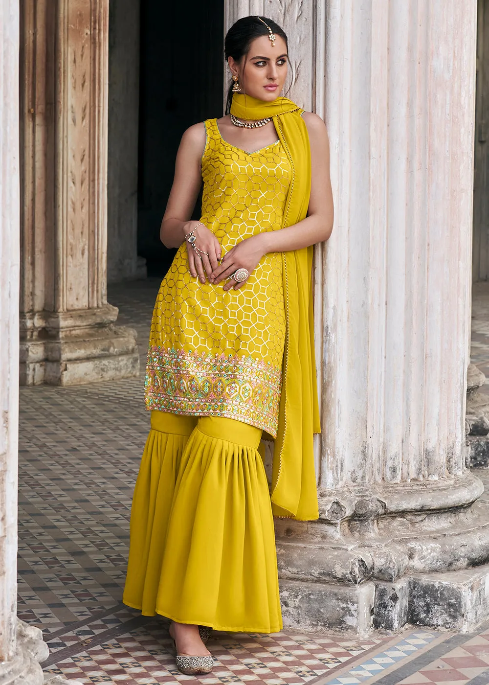 Yellow Faux Georgette Festive Gharara Style Suit