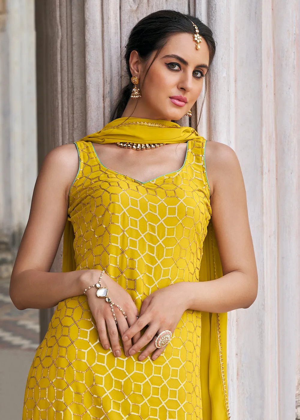 Yellow Faux Georgette Festive Gharara Style Suit