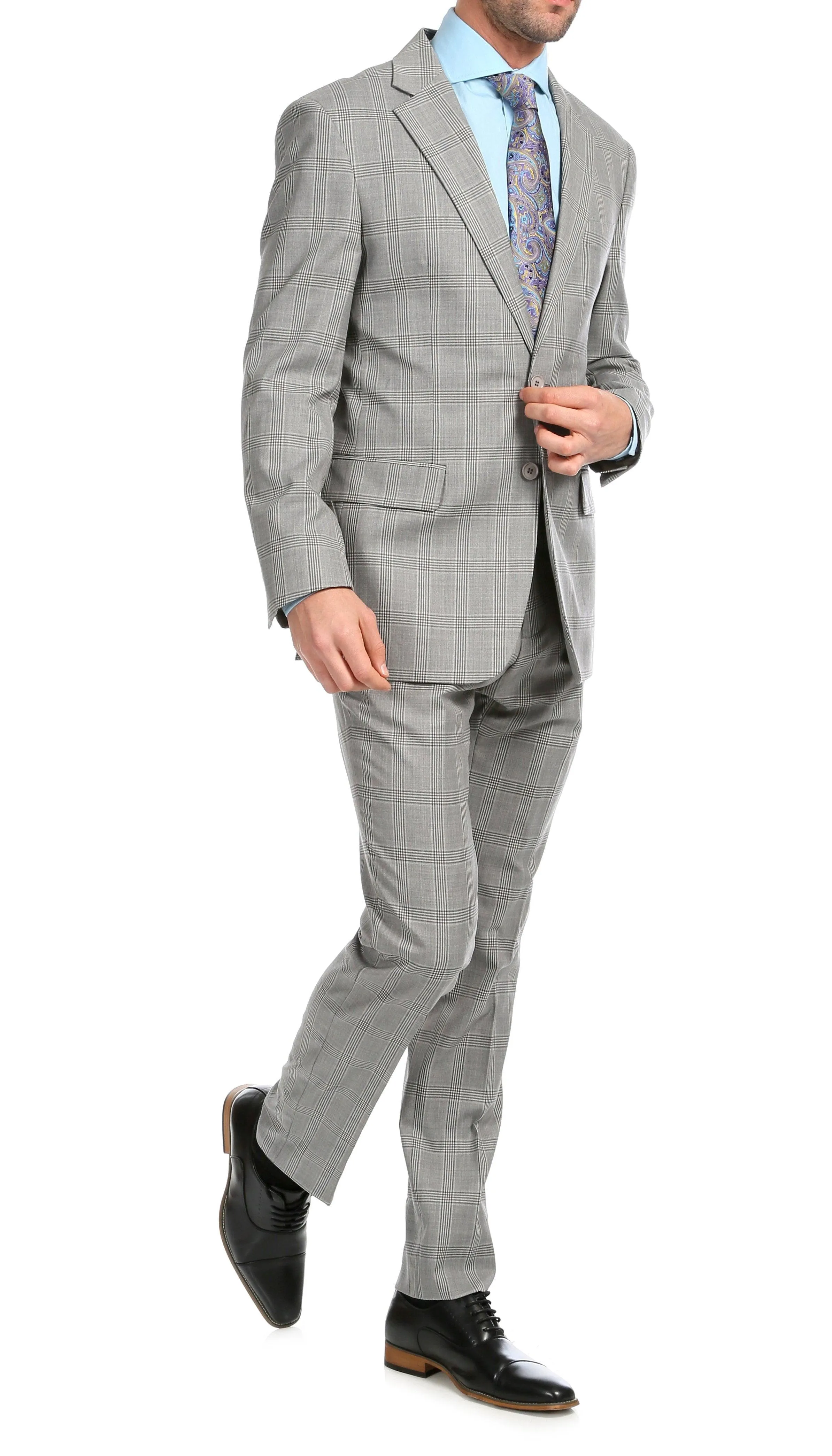 Yves Light Grey Plaid Check Men's Premium 2 Piece Wool Slim Fit Suit