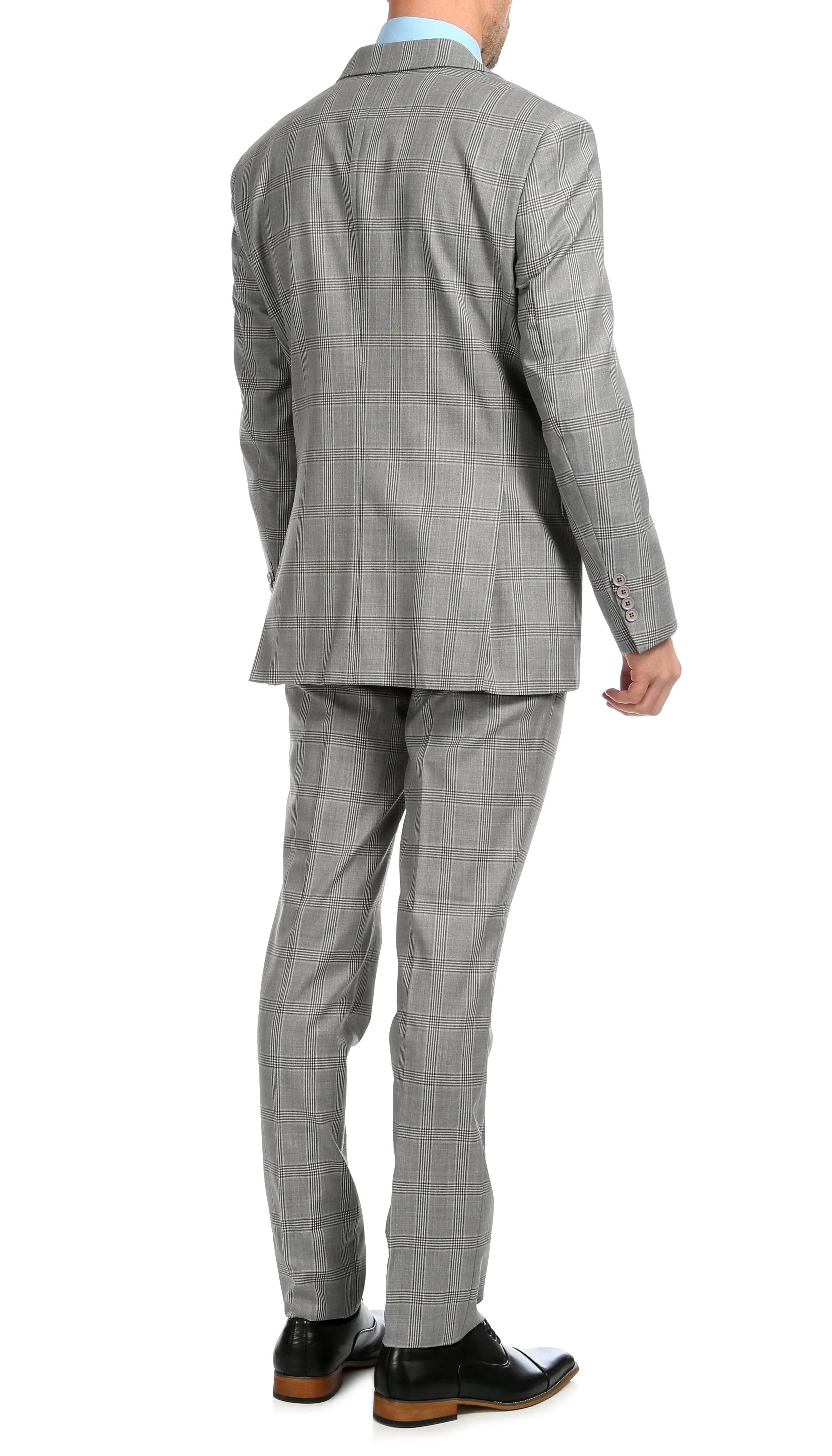 Yves Light Grey Plaid Check Men's Premium 2 Piece Wool Slim Fit Suit