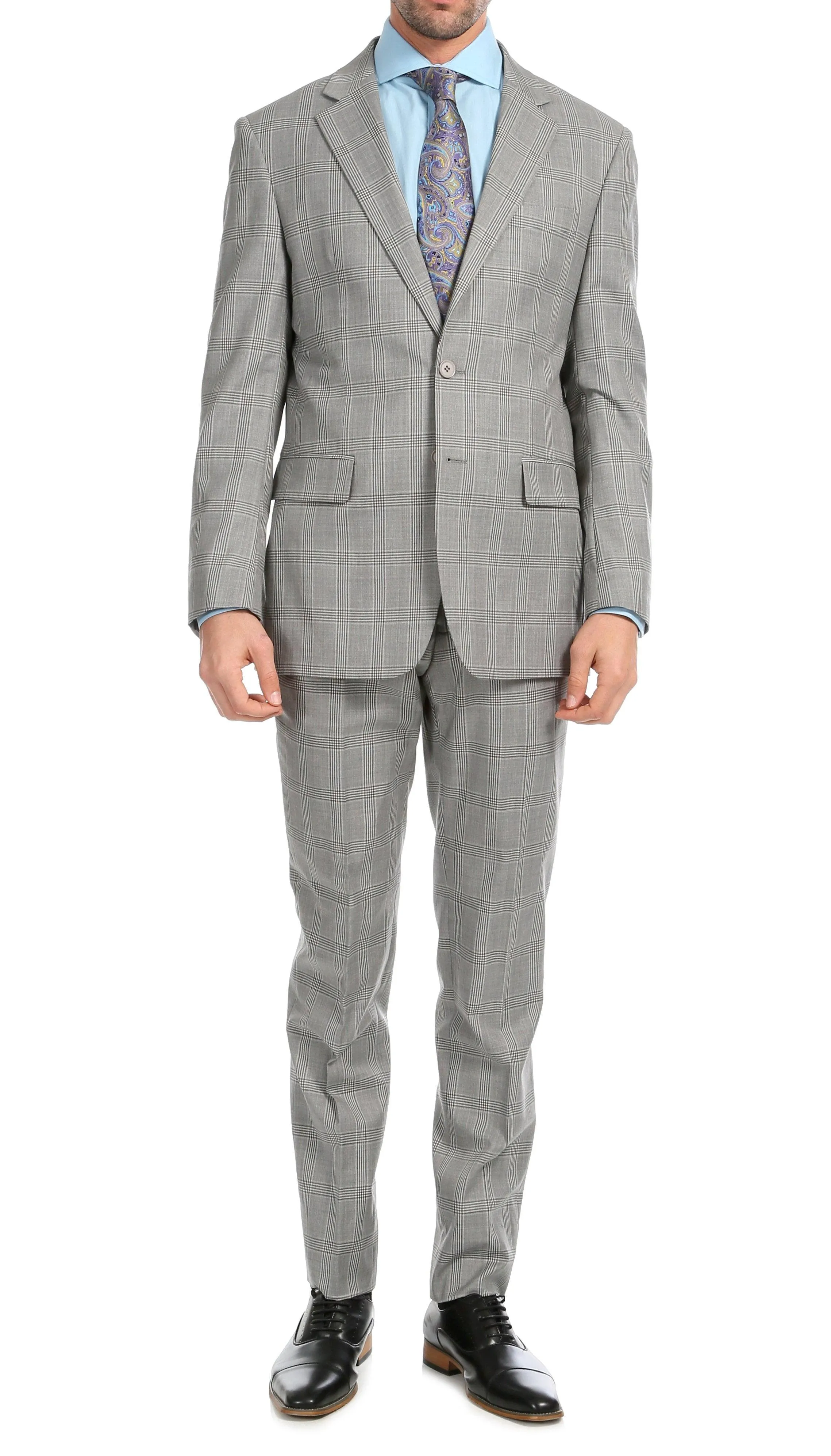 Yves Light Grey Plaid Check Men's Premium 2 Piece Wool Slim Fit Suit