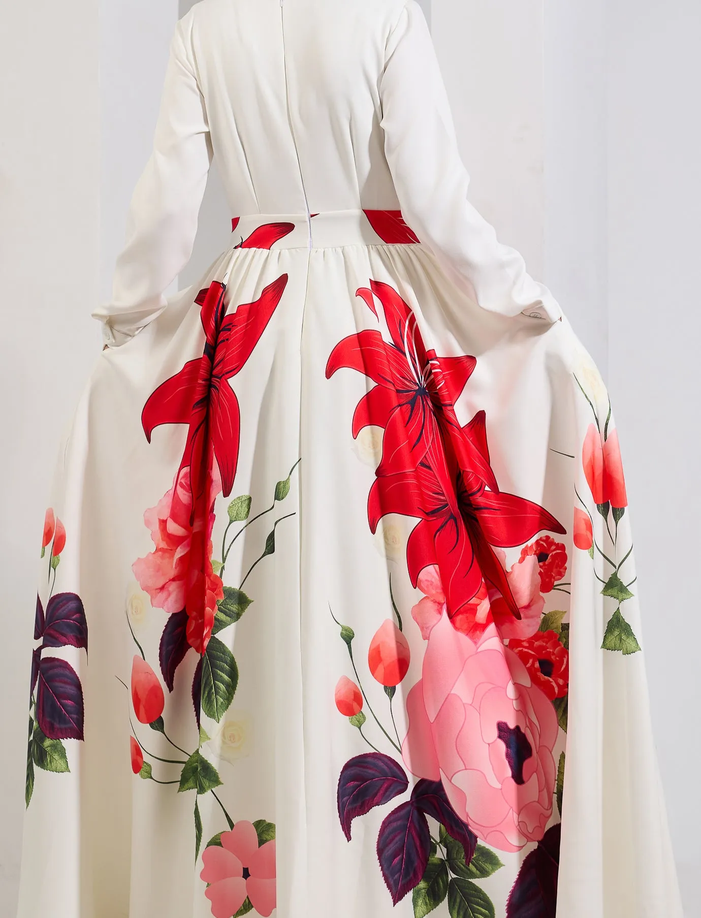 Zainab Radiant Blossom Crepe Maxi Dress with Red Floral Accents