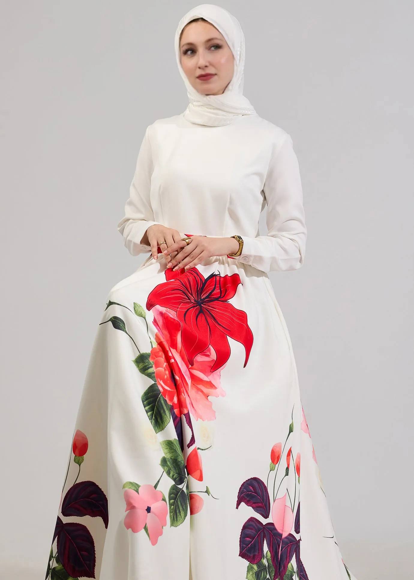 Zainab Radiant Blossom Crepe Maxi Dress with Red Floral Accents