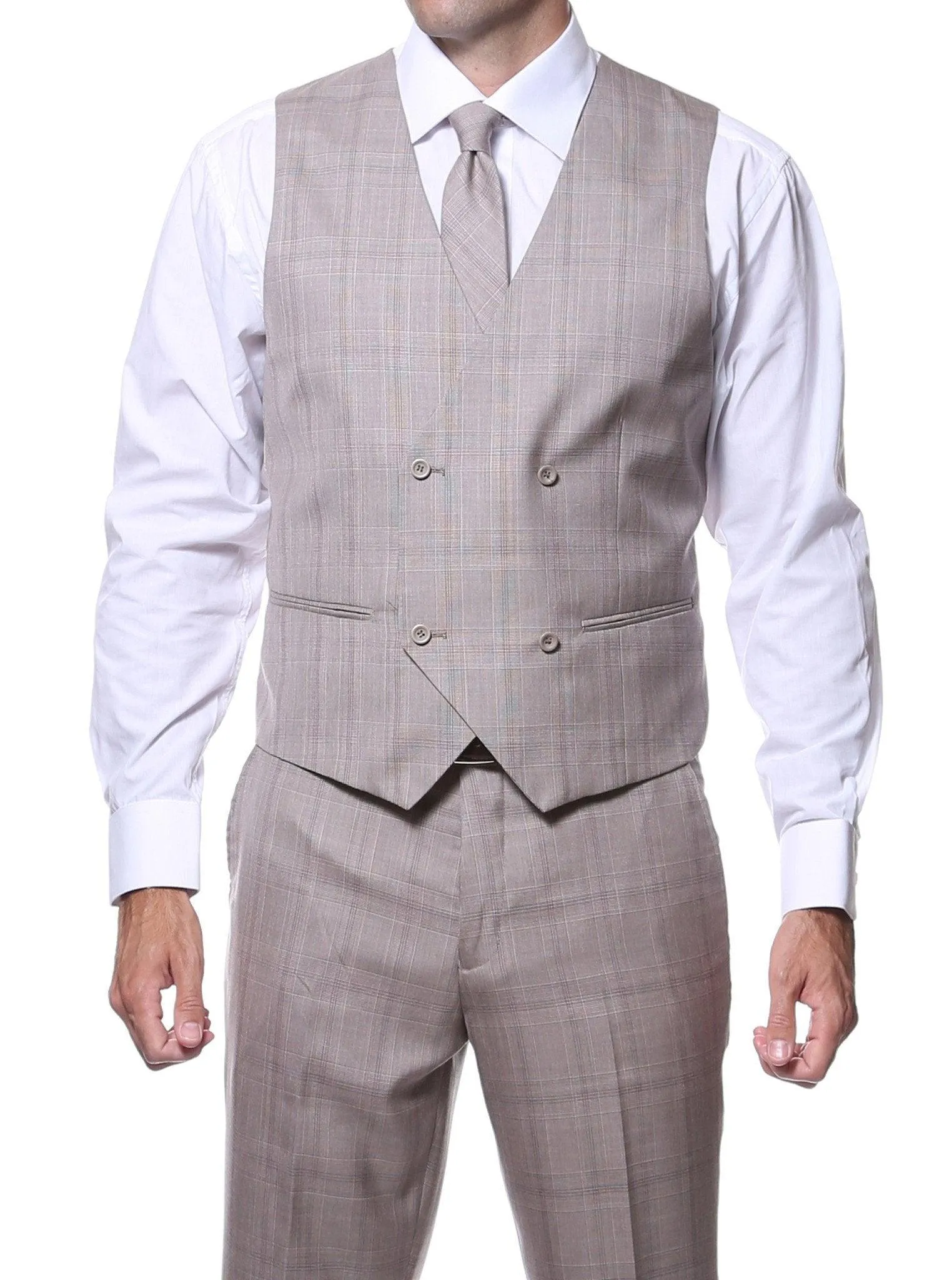 Zillo Sierra Tan 3 Piece Vested Slim Fit Plaid Suit