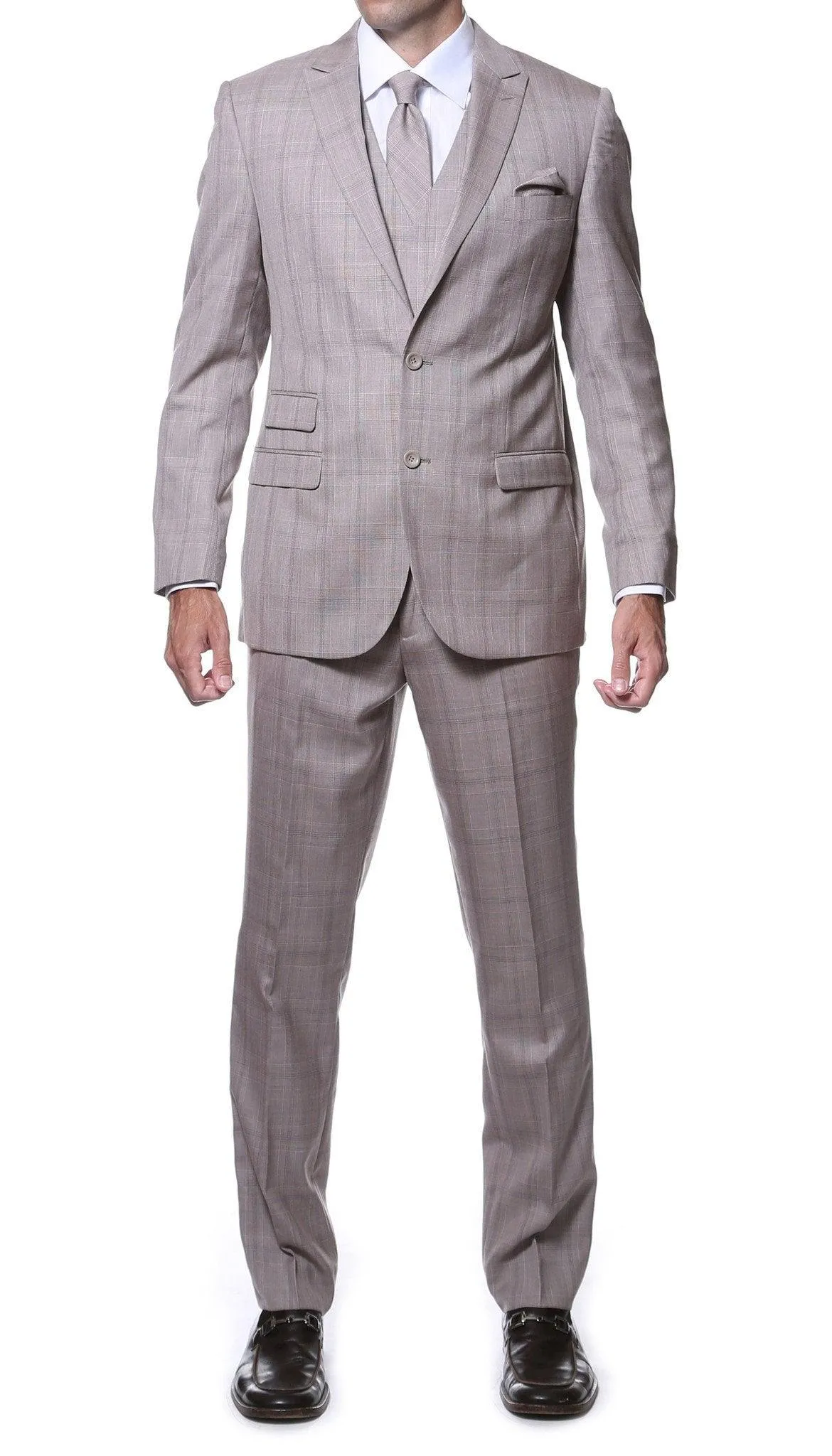 Zillo Sierra Tan 3 Piece Vested Slim Fit Plaid Suit